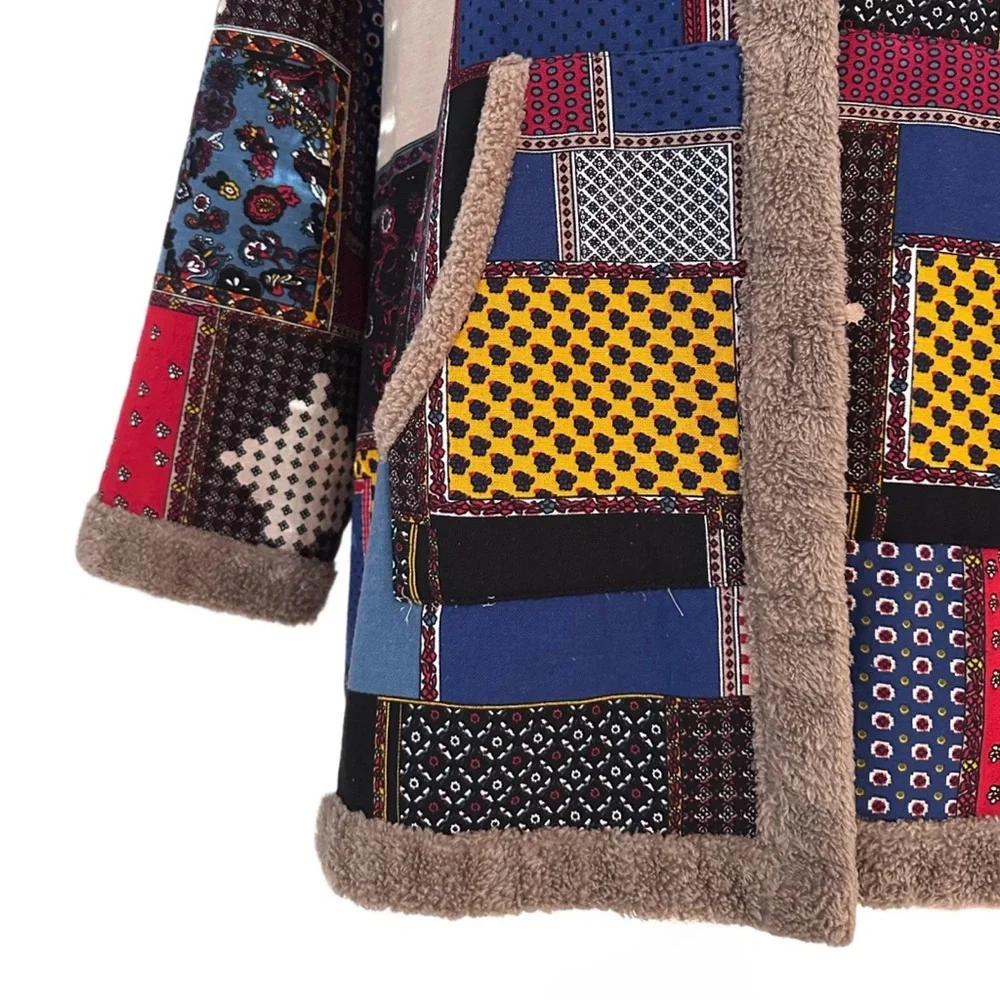 COAT ~ Colorful Patchwork Hooded Coat w/Soft Brown Sherpa Lining and Pockets